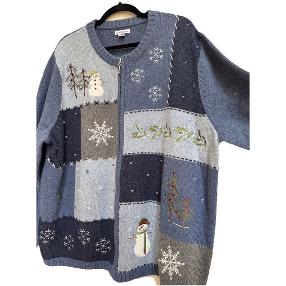 Croft & Barrow 3X Knit Zipper Sweater Cardigan Christmas Blue Snowflake Snowman - Picture 5 of 16